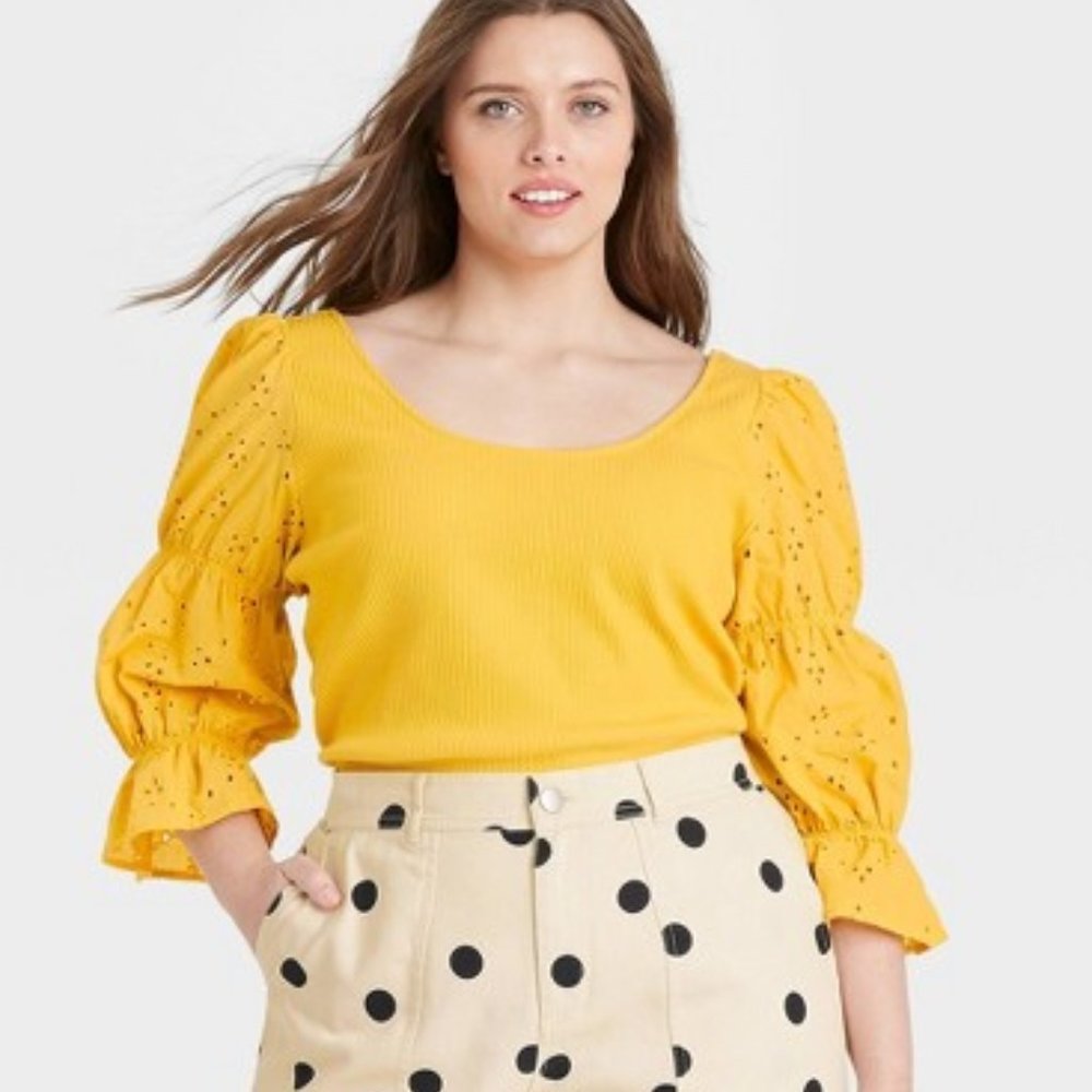 Who What Wear Yellow Puff 3/4 Sleeve Scoop Neck Top XXL